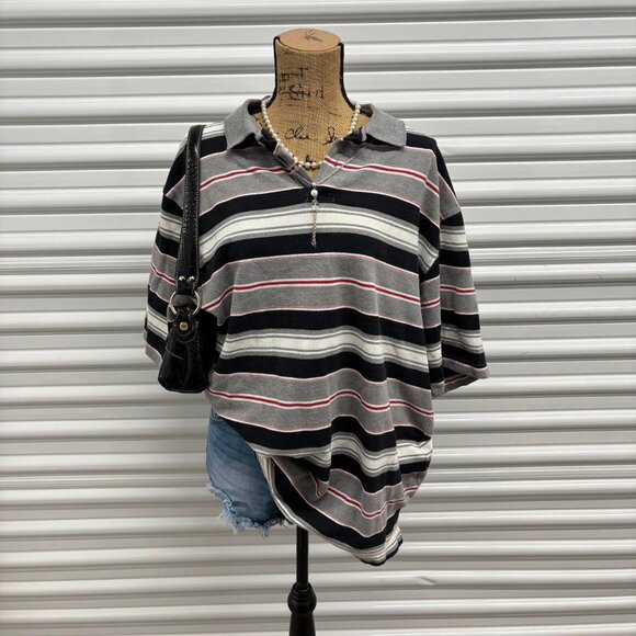 Grey & Red striped Y2K polo shirt - Picture 1 of 5